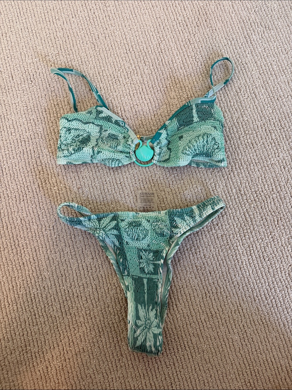 Textured Green Bikini Set with Decorative Ring
